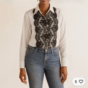 CAbi White Button-Front DOLCE Blouse with Black Lace Panel Medium NWOT